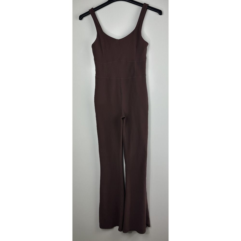 Wilo The Label Ribbed Jumpsuit Flare Chocolate Brown Stretch Women's Size Medium - Picture 2 of 13